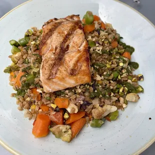 Tuscan Farro with Vegan Romesco Sauce add Scottish Salmon