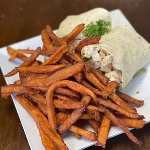 Grilled  Chicken Wrap and sweet potato fries