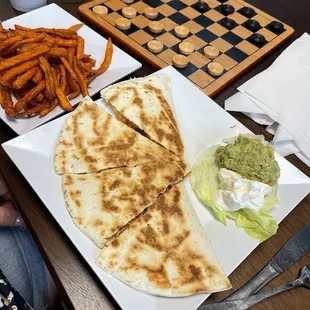 Chicken quesadilla and sweet potato fries