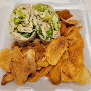 Grilled chicken Caesar wrap with kettle chips