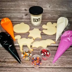 DIY BOO cookie kit. $25 
15 cookies, 4 icings, 3 sprinkles (candle not included)
facebook.com/candras_delightful_desserts