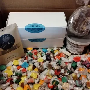 Salt water taffy, caramel, fudge, chocolate dream bar and boxes of individual ichocolates and truffles!