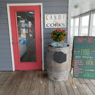 the entrance to the candy and corks store