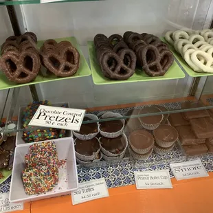 a display of chocolate and pretzels