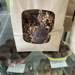 a bag of chocolate covered nuts