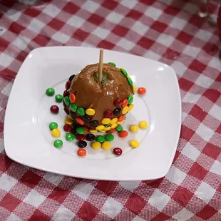 Bite into this M&amp;M Candy Apple head with Soft Caramel drizzle" Made with Love!