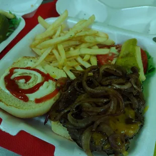 a hamburger and french fries