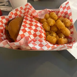 Nice double cheeseburger and tots, the way to go