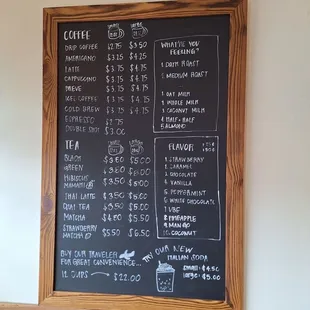 Coffee and tea menu