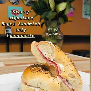 Everthing bagel with cream cheese and salami