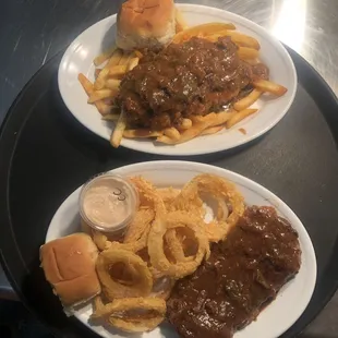 Hamburger Steak w/ onion rings 
Hamburger steak w/ French fries