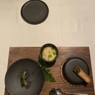 scallop toast, sashimi, egg panna cotta with geoduck
