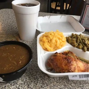 Baked chicken, green beans, mac n cheese, gumbo. Satisfying lunch for a hungry man