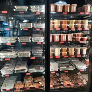 a display case of food