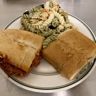 Half of a Meatball PoBoy, half of an Italian Roast Beef PoBoy, and Italian Pasta Salad.