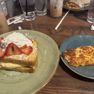 Stuffed French Toast with a side of homemade cheesy potatoes