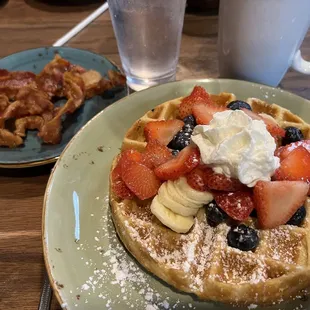 Red, White &amp; Blue Waffle with a side of crisp bacon