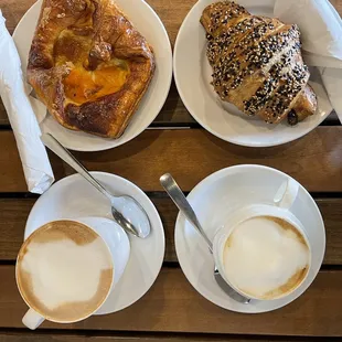 Apricot Croissant, Pastrami Gruyere Cheese, Cappuccino and Latte!