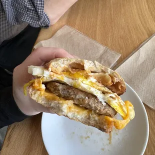 Breakfast sandwich with sausage and special sauce