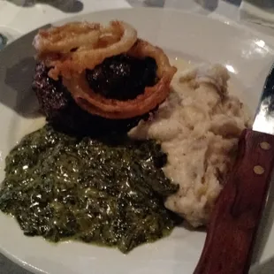 Filet perfectly cooked, garlic mashed potatoes and cremed spinach... So good