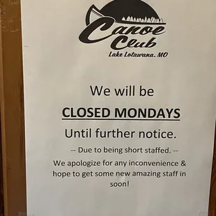 closed monday until further notice