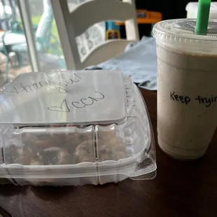 Mini donuts with peanut butter and chocolate chips &amp; White chocolate snickers