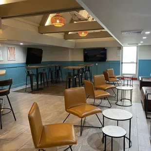 seating area with bar and bar stools