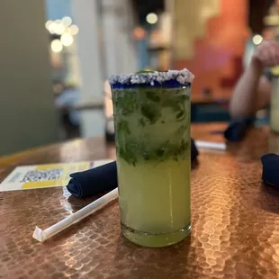 a close up of a drink on a table