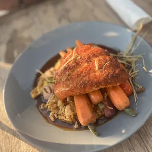 Seared Salmon with Carrots and Yuzu Fried Rice