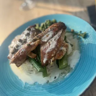 Oven-Roasted Chicken with red smashed potatoes and broccolini
