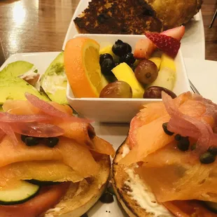 Salmon and Lox, toasted blueberry muffin