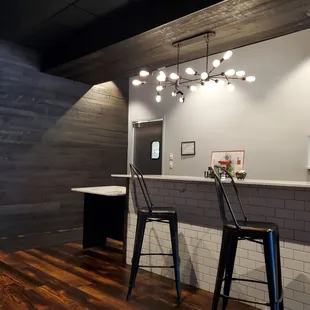 Cool lighting over the breakfast bar