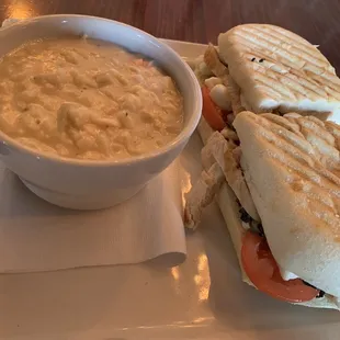 Caprese panini with grilled chicken added and cream of chicken and rice soup.