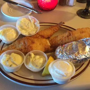 Haddock Fish Fry with baked potato.