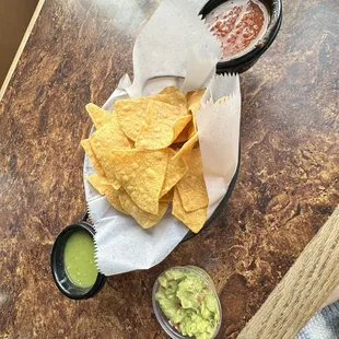 Complimentary chips and salsa with a order of guac