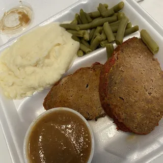 Meatloaf with Mashed Potatoes & Gravy and Vegetable of The Day