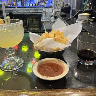Classic margarita, a single portion of chips &amp; salsa and a shot of jager