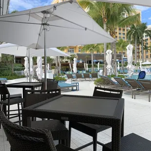 tables and chairs under umbrellas