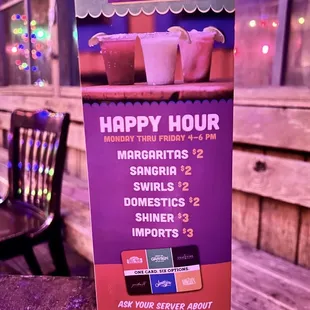 Happy hour drink menu