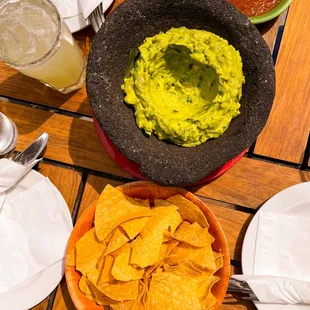 a bowl of guacamole and chips