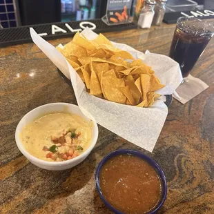 Chips salsa and queso