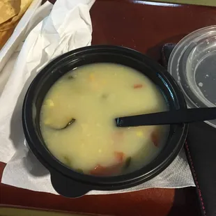 Corn poblano soup. I expected a chowder type soup--this was absolutely disgusting. 10 kernels of corn in a vat of oily water stock. Barf.