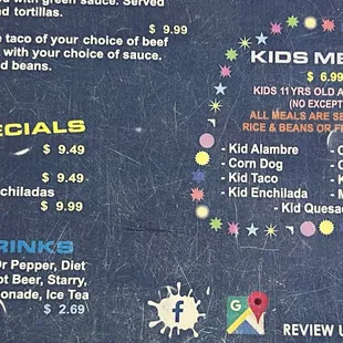 Daily Specials and Kids Menu