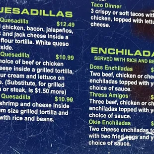 Quesadilla and Enchilada Menu
