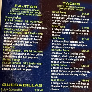 Fajita and Taco Menu