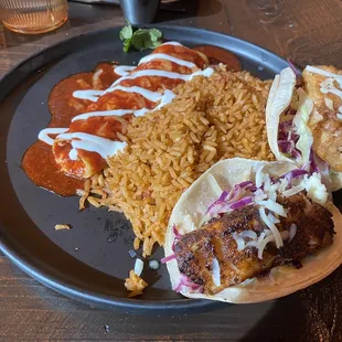 Combo #6, Chicken Enchilada with Red Sauce and Two Tacos (Fried Fish and Grilled Fish) - delicious!