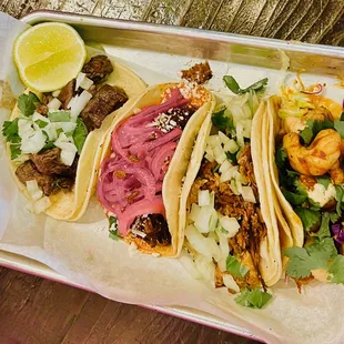 carne asada, barbacoa, carnitas, shrimp street tacos