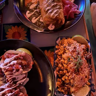 Baja Mahi Mahi Fried Tacos, Filet Burrito with Red and Green Sauce, and Elote