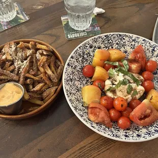 Heirloom tomatoes and side of fries.