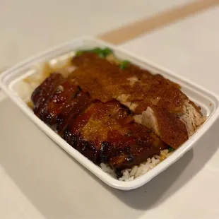 Two meat combo over rice - crispy pork and spare ribs